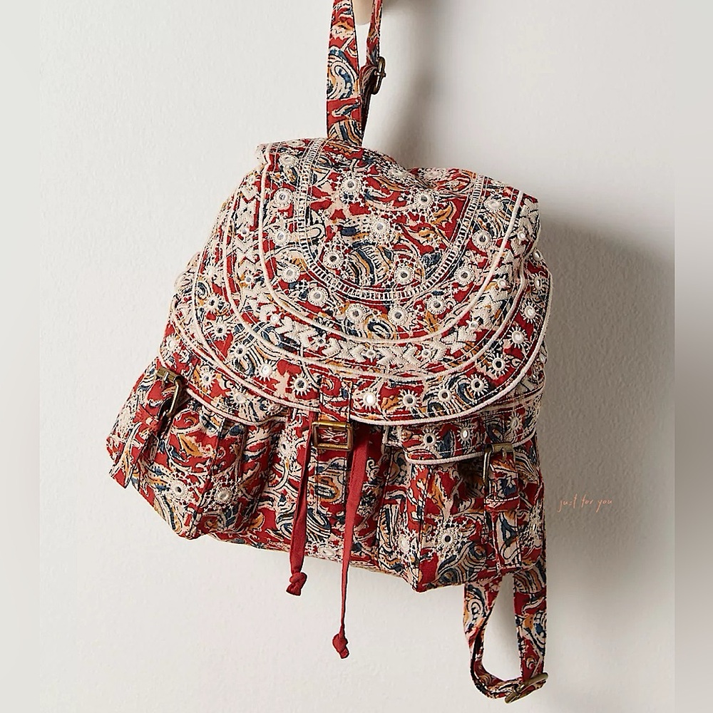 Free People Red and White Patterned Backpack